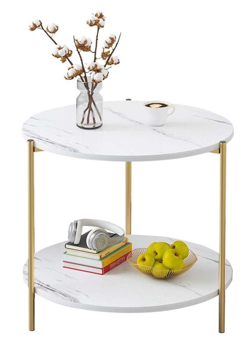 Generic 2 Tier White Side Table, Golden Iron Living Room Coffee Table Round Coffee Table Sofa Side Table Bedroom Bedside Table  - Image 1