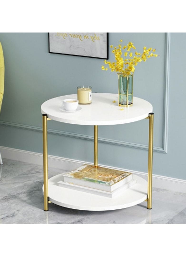 Generic 2 Tier White Side Table, Golden Iron Living Room Coffee Table Round Coffee Table Sofa Side Table Bedroom Bedside Table  - Image 2