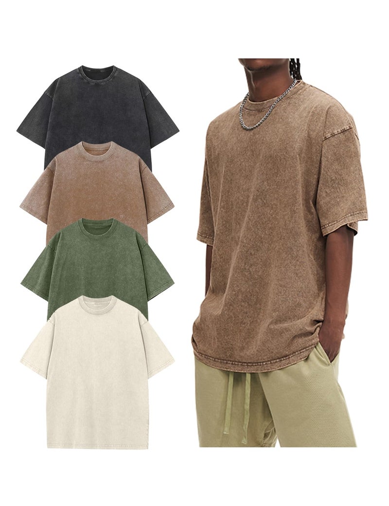Arssm 4 Pack Oversized Tshirts for Men Acid Wash Loose Fit Vintage Cotton Heavyweight T Shirts Baggy Tees(BlackArmyKhakiBeige-XL) - Image 1