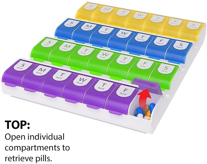 EZY DOSE Weekly (7-Day) Pill Case, Medicine Planner, Vitamin Organizer Box, 4 Times a Day, Large Compartments, Easy Fill All Compartments at Once Organizer, Multi-Colored, BPA Free - Image 4