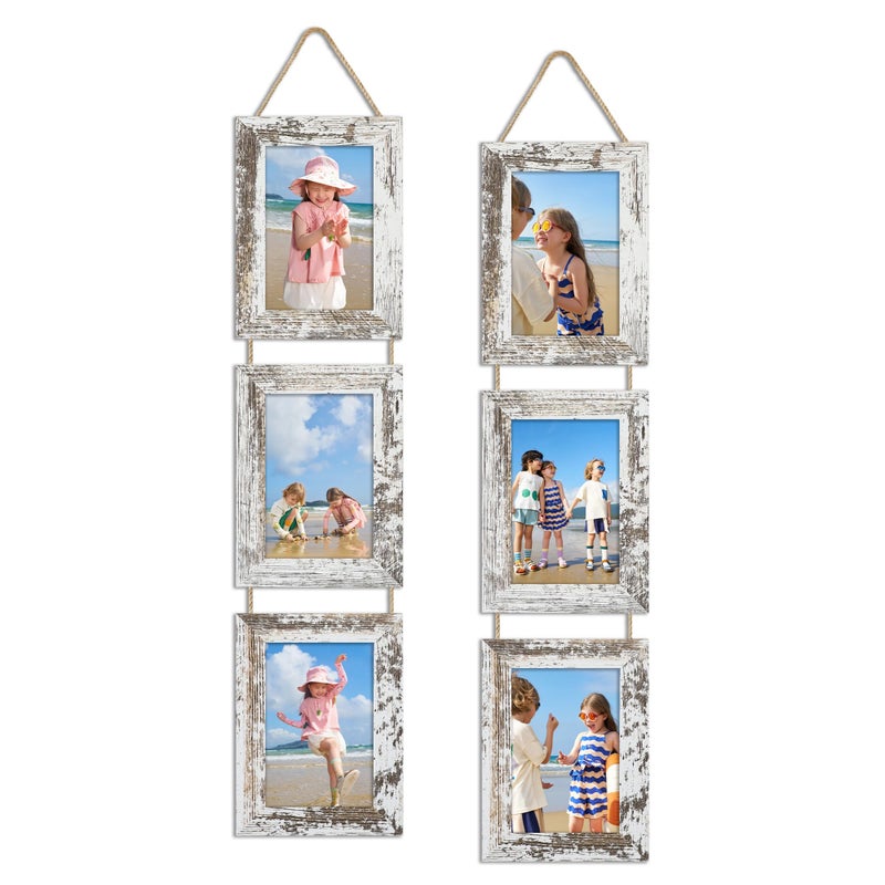 ccdcc 4x6 Collage Picture Frames Set of 2, Rustic Wooden Real Glass Vertical Hanging 3 Opening 4 by 6 Photo Frame, Distressed White - Image 1