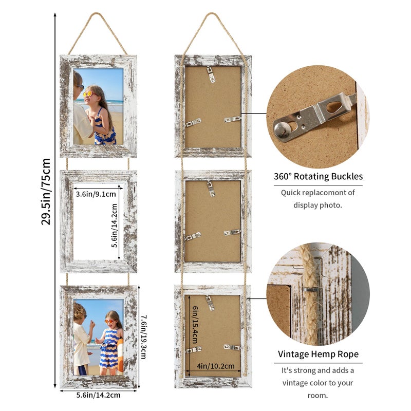 ccdcc 4x6 Collage Picture Frames Set of 2, Rustic Wooden Real Glass Vertical Hanging 3 Opening 4 by 6 Photo Frame, Distressed White - Image 4