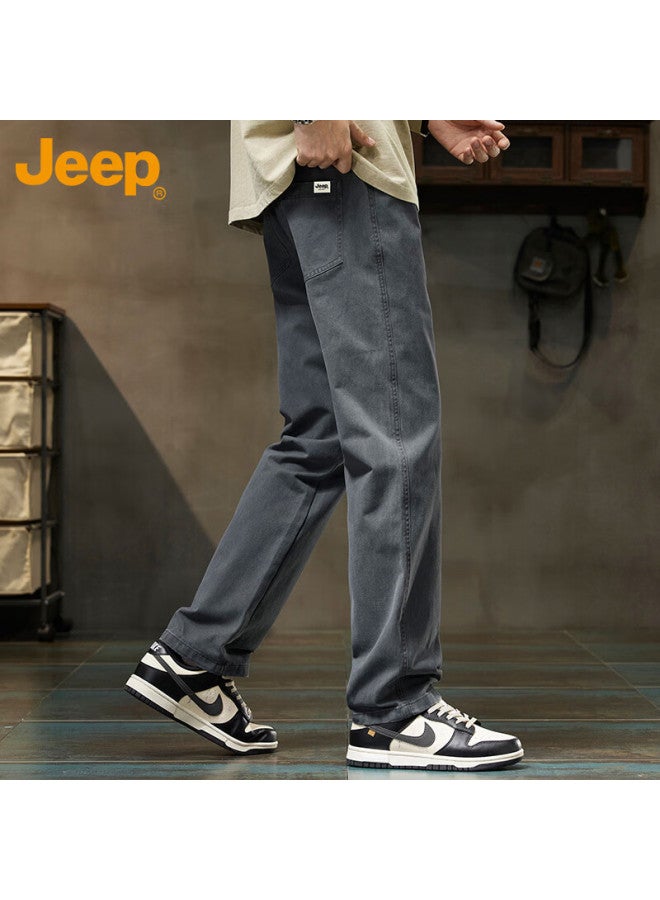 Jeep سروال جينز كاجوال للرجال من جيب بقصة مستقيمة فضفاضة رمادي داكن 3XL ربيع خريف - Image 1