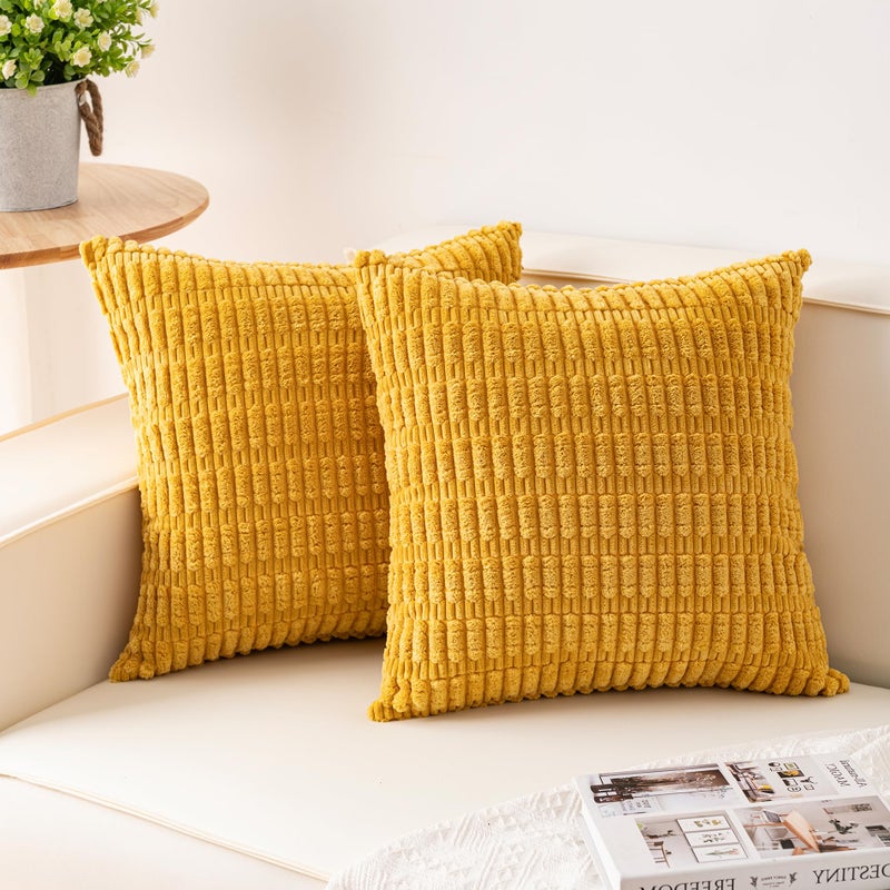 Aegero Pack of 2 Corduroy Decorative Throw Pillow Covers 18x18 InchSoft Boho Striped Pillow Covers Modern Farmhouse Home Decor for Sofa Living Room Couch Bed(Yellow) - Image 1