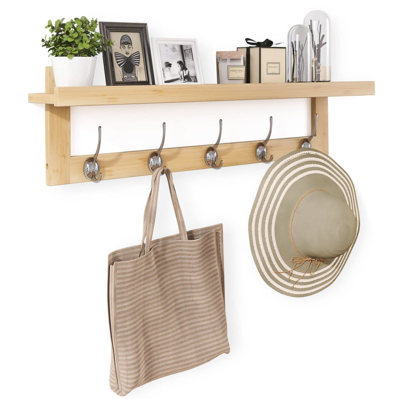 SMIBUY Coat Hooks with Shelf WallMounted 292 Inch Entryway Coat Rack for Wall Bamboo Hanging Shelf with 5 Double Metal Hooks for Bathroom Bedroom Kitchen Living Room Mudroom Natural