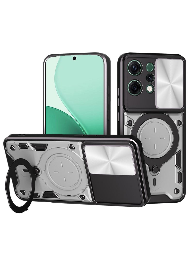 Case Cover Shockproof CD Protective Case with Camera Protection and Metal Ring Compatible with Oppo Reno 14 (Silver)