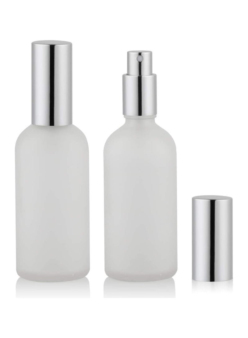 SYOSI Spray Bottles 100ml, Frosted Glass Spray Bottles, 2Pcs Leak Proof Travel Empty Spray Bottles with Caps, Refillable Bottle for Perfume, Essential Oils, Makeup Toner Lotion Hair Sprayer (Silver) - Image 1