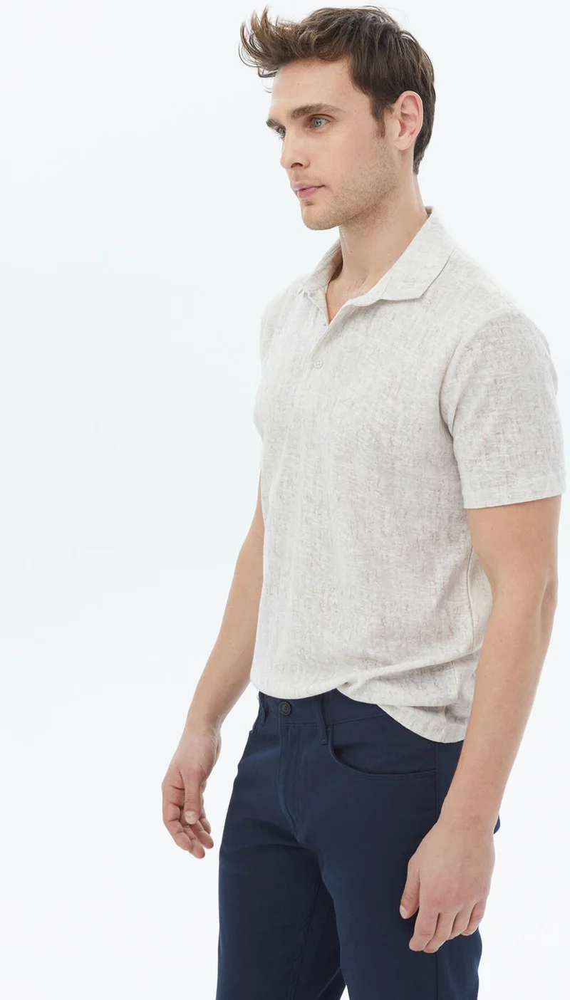 Kip Beige Printed Polo Collar Cotton Blend T-Shirt