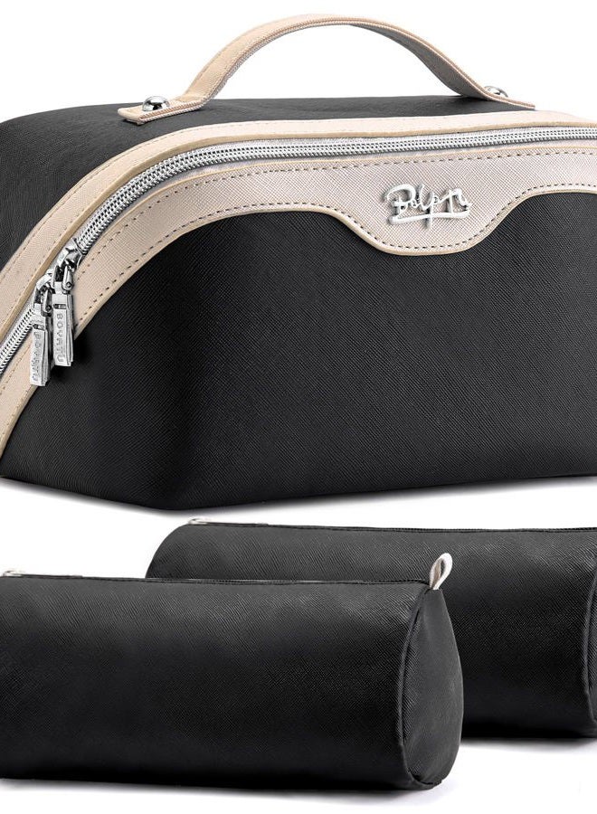 BOYATU Women Leather Travel Makeup Bag with 2 Large Portable Makeup Bags for Women, A-01-black, Travel - Image 1