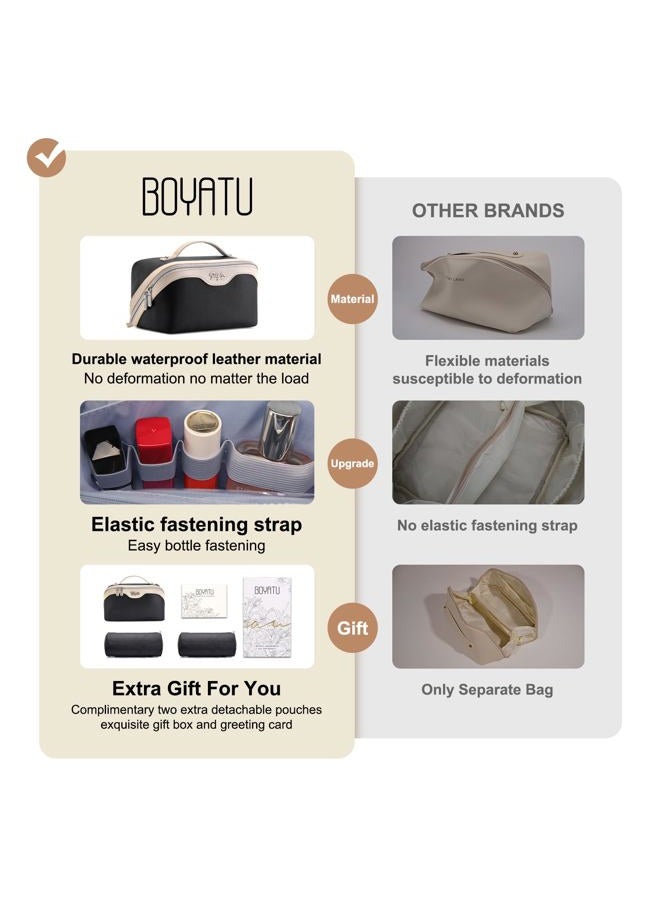 BOYATU Women Leather Travel Makeup Bag with 2 Large Portable Makeup Bags for Women, A-01-black, Travel - Image 2