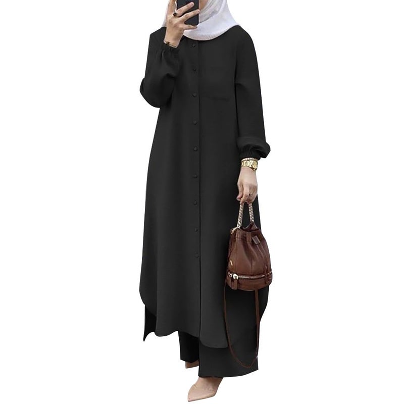ODIZLI Muslim Womens Long Top Dress Wide Leg Pants Loose Women Modest Islamic Dubai Dress Kaftan Abayas Button Down Shirt Islamic Abaya Casual Prayer Clothes Khimar Middle East Outfits Eid Sets Black 5XL - Image 2