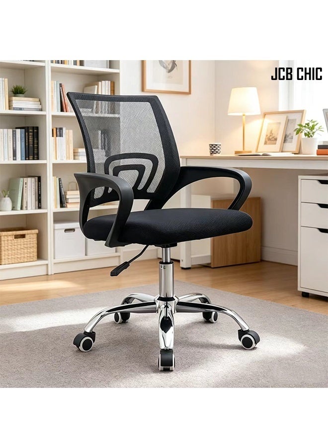 Mid Back Mesh Office Chair, Ergonomic Adjustable Height Swivel Computer Desk Chair with Fixed Armrest, Chrome Base Silent Rolling Wheels Task Chair for Home Office Study