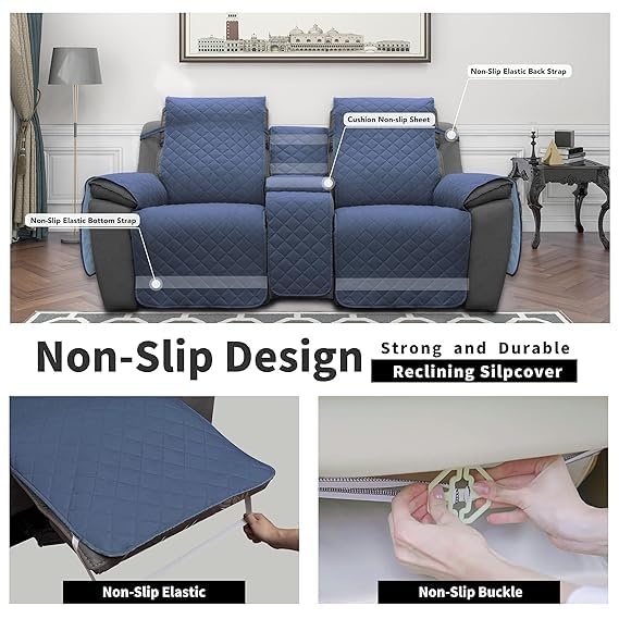 BLESSING PET SUPPLY EasyGoing Loveseat Recliner Cover Reversible Couch Cover for Double Recliner Split Sofa Cover for Each Seat Furniture Protector with Elastic Straps for Kids Dogs Pets 2 Seater Navy - Image 3