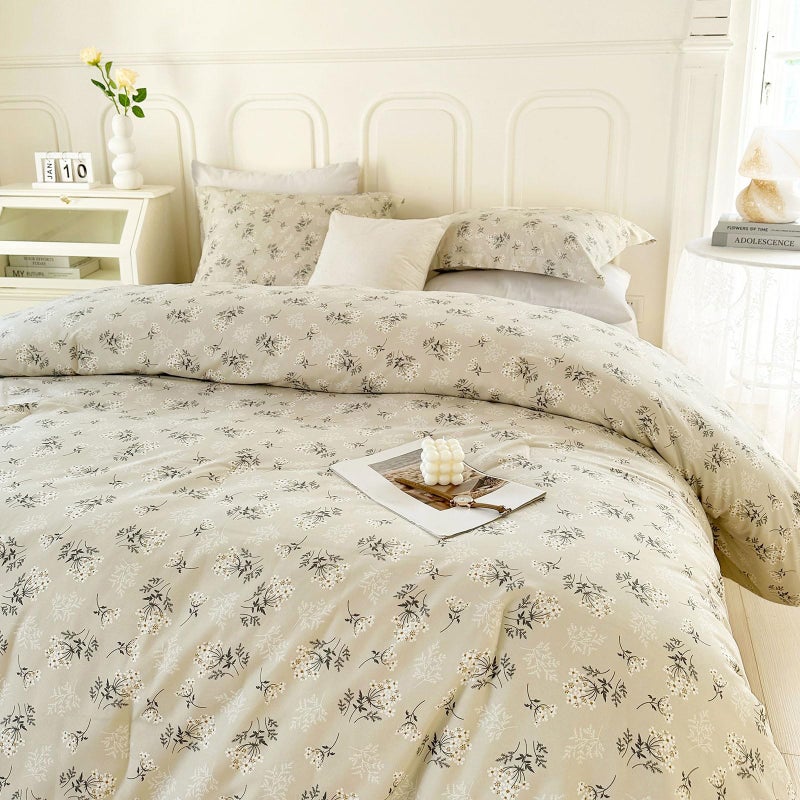 EAVD Boho Floral Comforter Set Queen Soft Washed Microfiber Garden Beige Floral Bedding Queen Comforter Set Reversible Botanical Bedding Set with 2 Pillowcases - Image 1