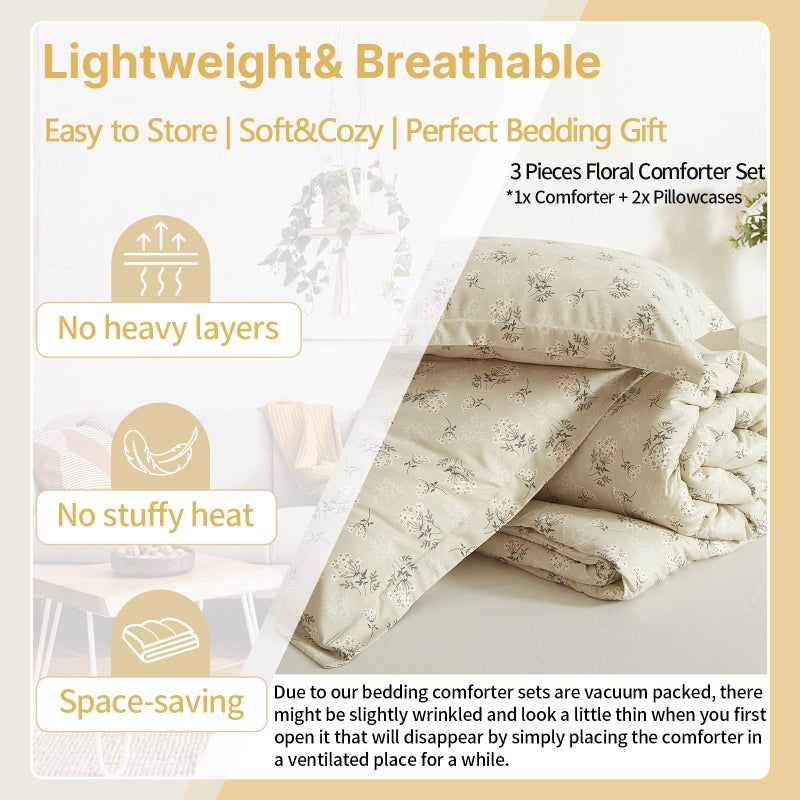 EAVD Boho Floral Comforter Set Queen Soft Washed Microfiber Garden Beige Floral Bedding Queen Comforter Set Reversible Botanical Bedding Set with 2 Pillowcases - Image 5