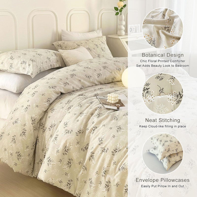 EAVD Boho Floral Comforter Set Queen Soft Washed Microfiber Garden Beige Floral Bedding Queen Comforter Set Reversible Botanical Bedding Set with 2 Pillowcases - Image 3