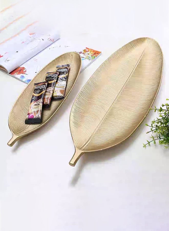HOME TASTE Hometaste Wooden Golden Tray Set Nordic Style Leaf Dish Serving Platter Snack Fruit And Candy Wooden Storage Trays For Home Kitchen Unique Leaf Shaped Tray Design (2 Pieces Set) 
