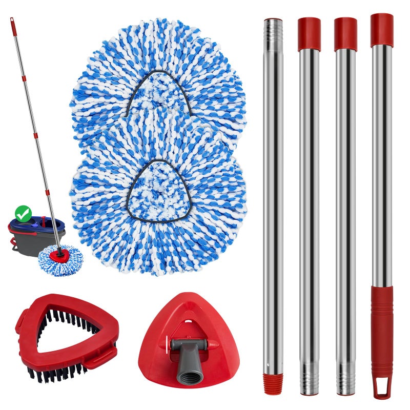 GFRED Spin Mop Handle Mop Heads and Base Replacement Sets Compatible with O Cedar EasyWring Rinseclean 2 Tank System, Flexible & Reusable(1 Sets Stainless Steel Handle & 2 Refills & 1 Base & 1 Scrub Brush) - Image 1
