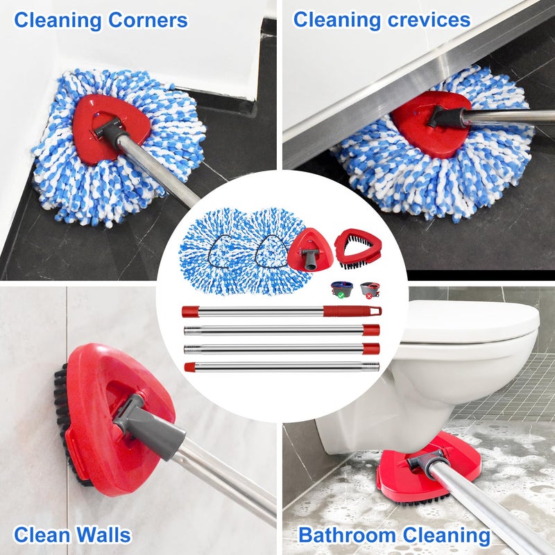 GFRED Spin Mop Handle Mop Heads and Base Replacement Sets Compatible with O Cedar EasyWring Rinseclean 2 Tank System, Flexible & Reusable(1 Sets Stainless Steel Handle & 2 Refills & 1 Base & 1 Scrub Brush) - Image 5