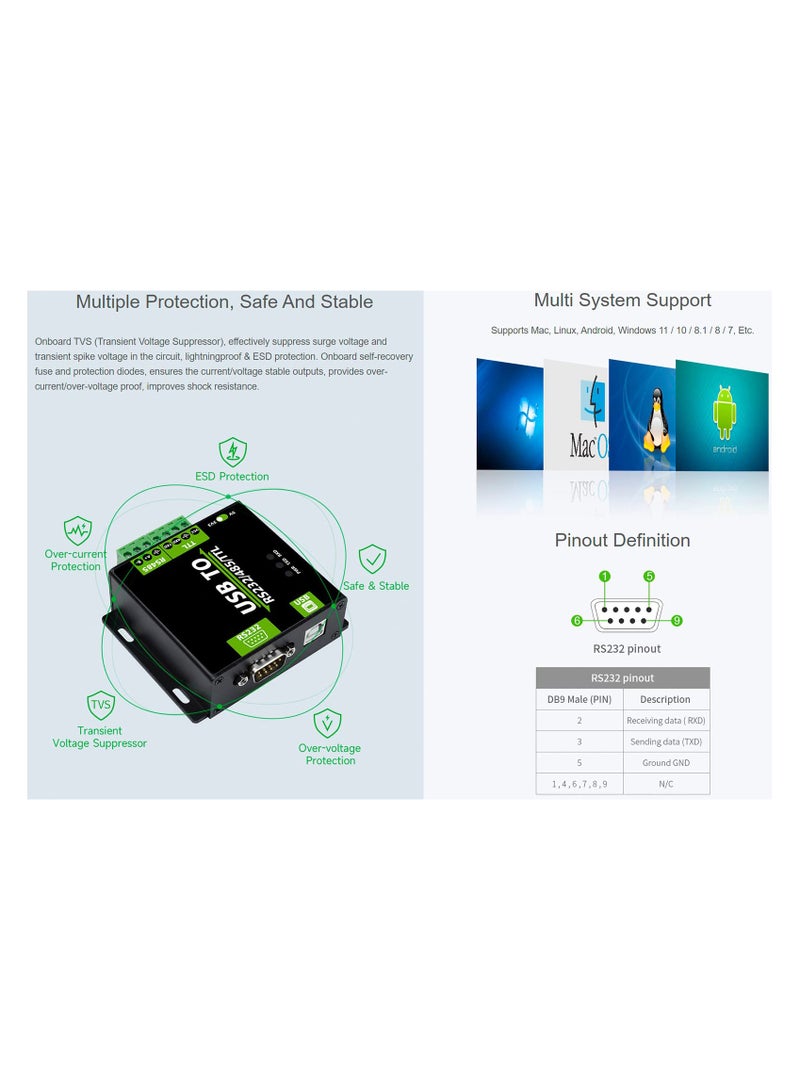 محول USB معزول من الدرجة الصناعية، محول USB إلى RS232/485/TTL شريحة CH343G، تحويل متعدد البروتوكولات/أنواع متعددة مع حماية متعددة، يدعم Mac وLinux وAndroid وWindows 11/10/8.1/8/7 - Image 4