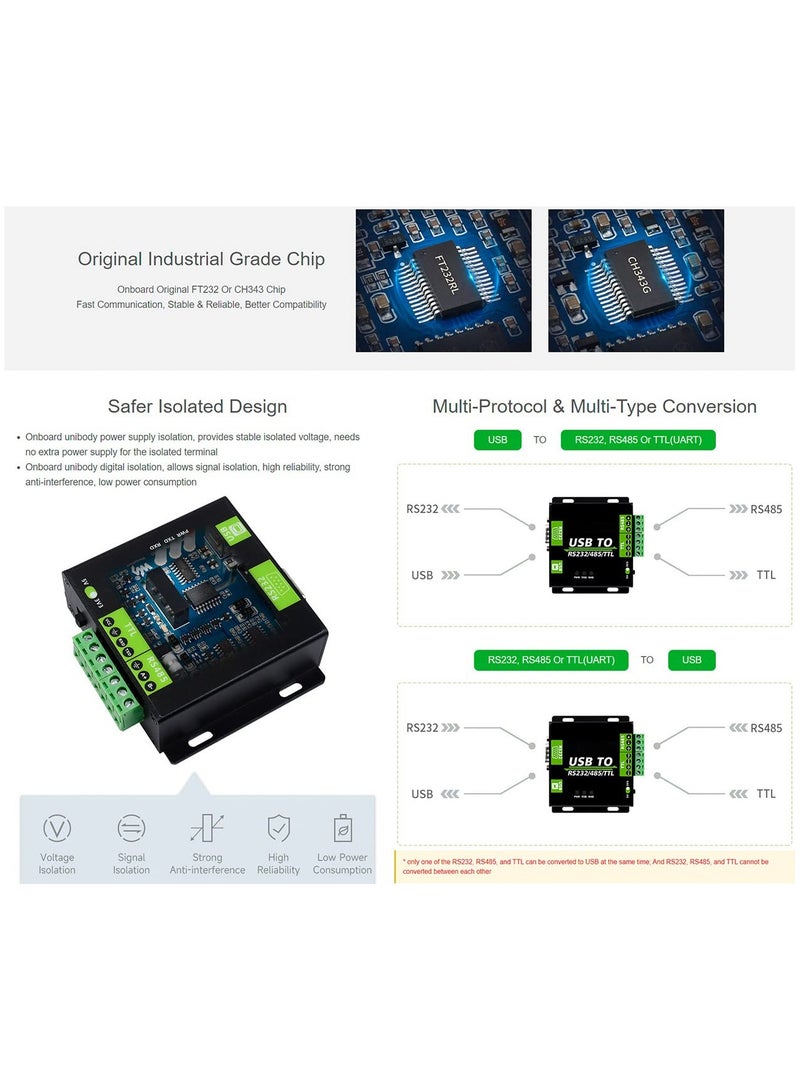 محول USB معزول من الدرجة الصناعية، محول USB إلى RS232/485/TTL شريحة CH343G، تحويل متعدد البروتوكولات/أنواع متعددة مع حماية متعددة، يدعم Mac وLinux وAndroid وWindows 11/10/8.1/8/7 - Image 3
