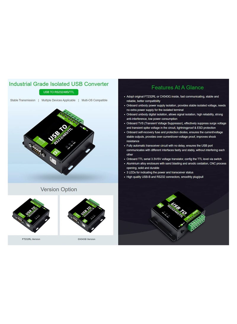محول USB معزول من الدرجة الصناعية، محول USB إلى RS232/485/TTL شريحة CH343G، تحويل متعدد البروتوكولات/أنواع متعددة مع حماية متعددة، يدعم Mac وLinux وAndroid وWindows 11/10/8.1/8/7 - Image 2
