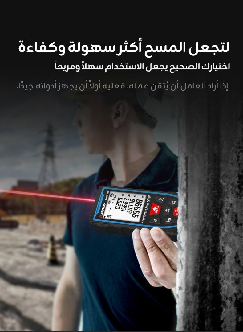إس إن دي واي جهاز قياس المسافة بالليزر 120 متر مع شريط قياس 2 متر، قابل للشحن عبر USB مع خاصية النطق الصوتي، شاشة LCD بإضاءة خلفية، دقة ±2 مم، تبديل وحدات القياس متر/بوصة/قدم، ووضع فيثاغورس لقياس المسافة والمساحة والحجم - Image 5