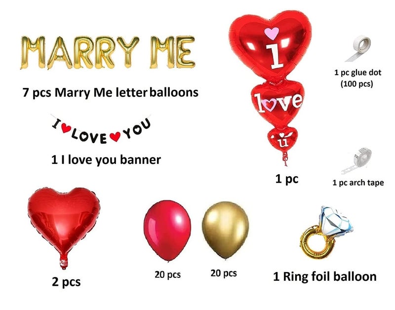 FI - FLICK IN Paper 55 Pcs Marry Me Decoration Set Proposal Ring Heart I Love You Balloons For Decorations Wedding Engagement Led Light Decor Will You Marry Me Decoration (Pack Of 55|Red & Gold) - Image 2