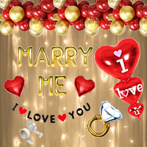 FI - FLICK IN Paper 55 Pcs Marry Me Decoration Set Proposal Ring Heart I Love You Balloons For Decorations Wedding Engagement Led Light Decor Will You Marry Me Decoration (Pack Of 55|Red & Gold) - Image 1
