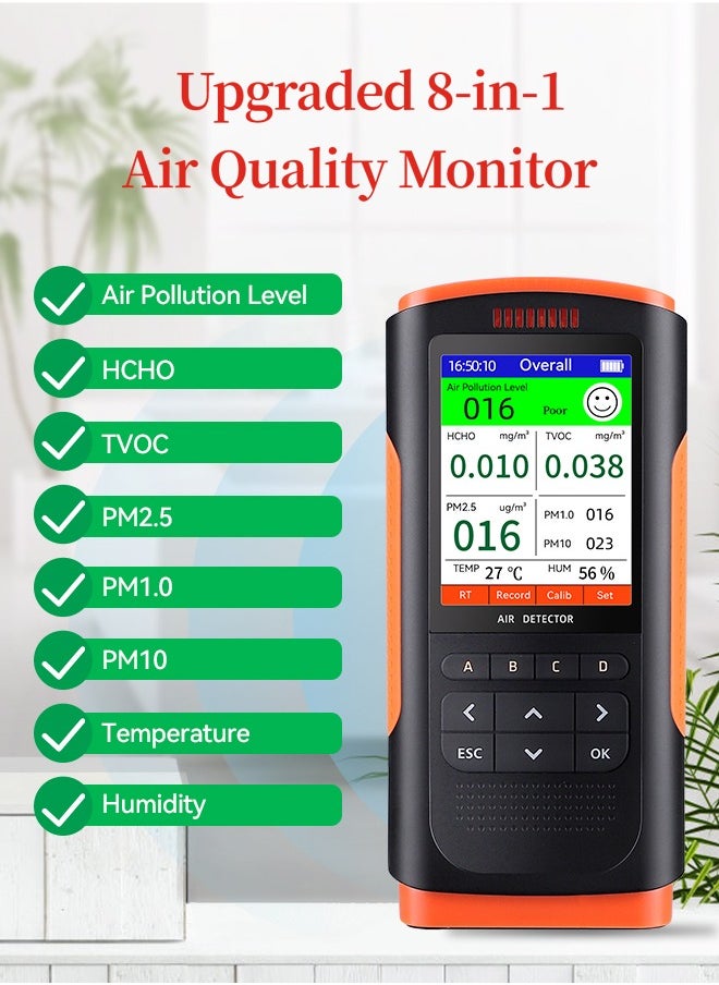 INKBIRD - Air Quality Monitor Upgraded Portable Air Detector Meter Air Pollution Level Tester HCHO TVOC PM2.5/1.0/10 Temperature and Humidity Detector 8-in-1AQI Tester Air Quality Test for Home Office School - Image 1