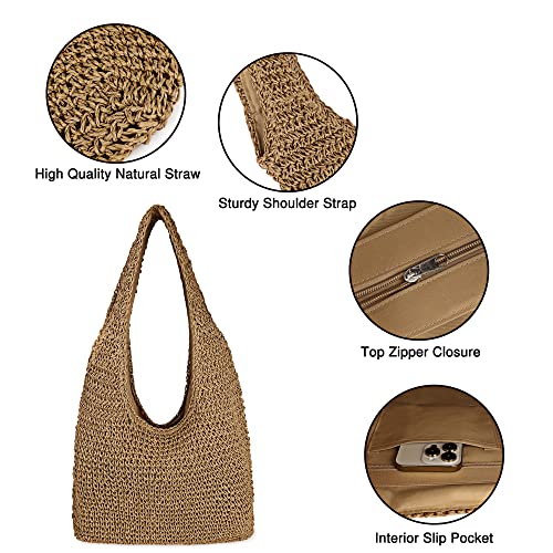 Youjaree Women Large Straw Beach Bag Handmade Woven Shoulder Bags Hobo Tote Handbag Purse for Summer (Khaki) - Image 3
