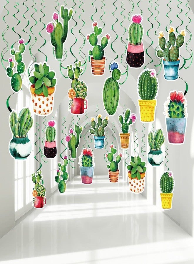 Clabby 30 Pcs Cactus Hanging Swirl Decoration, Watercolor Mexican Fiesta Party Foil Ceiling Spirals Streamer Decor for Plant Birthday Llama Tropical Hawaiian Forest Woodland - Image 1