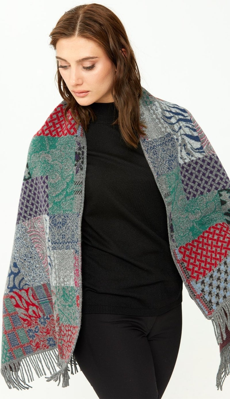 Desen Triko Pattern Knitwear Women's Patchwork Patterned Pure Wool Shawl 02421143 Smoke  - Image 1