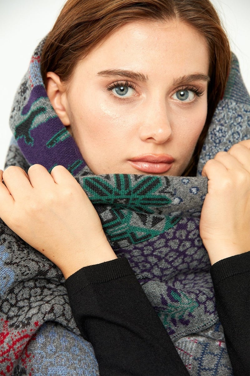 Desen Triko Pattern Knitwear Women's Patchwork Patterned Pure Wool Shawl 02421143 Smoke  - Image 2