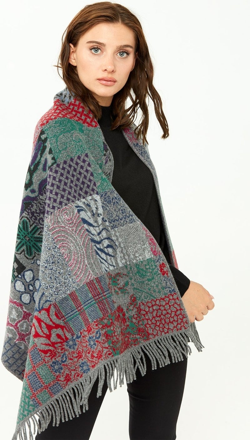 Desen Triko Pattern Knitwear Women's Patchwork Patterned Pure Wool Shawl 02421143 Smoke  - Image 3