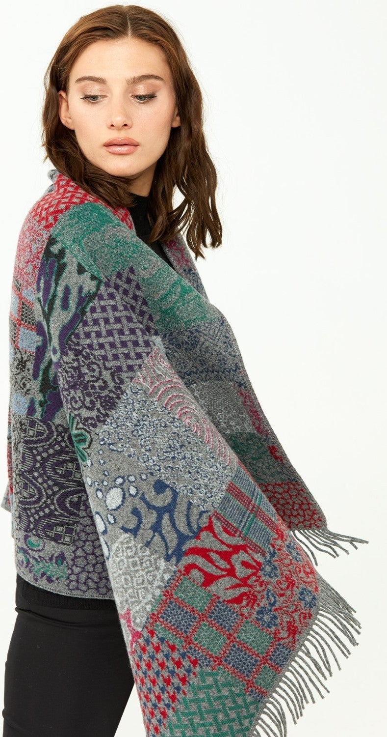 Desen Triko Pattern Knitwear Women's Patchwork Patterned Pure Wool Shawl 02421143 Smoke  - Image 4