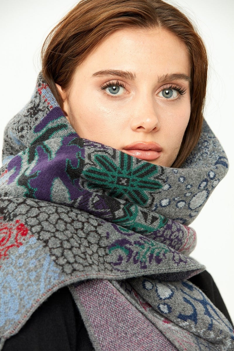 Desen Triko Pattern Knitwear Women's Patchwork Patterned Pure Wool Shawl 02421143 Smoke  - Image 5