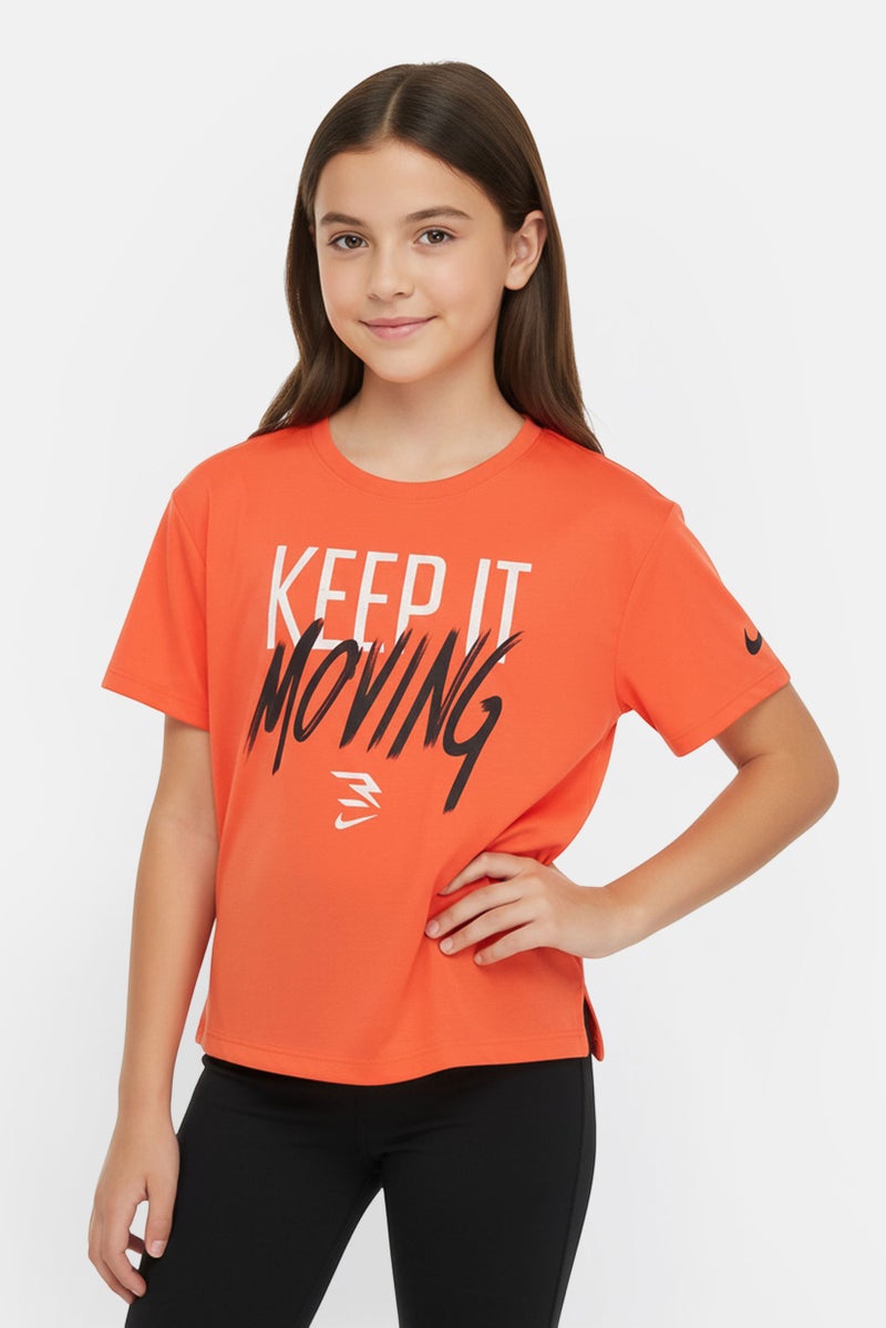 Nike 3Brand by Russell Wilson Kids Girl Sportswear Fit Short Sleeve Training T-Shirt, Orange - Image 1