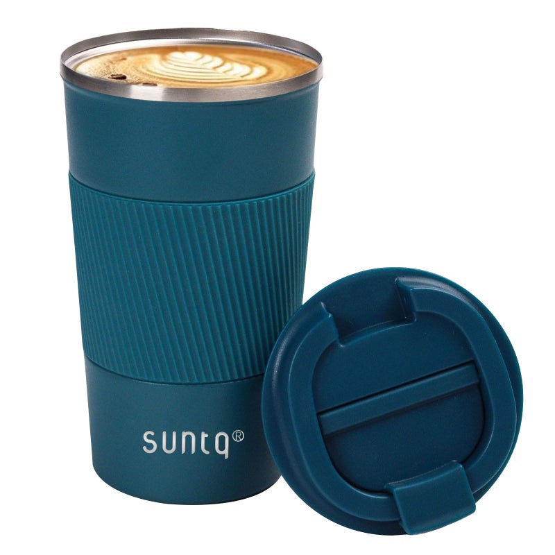 SUNTQ Reusable Coffee Cups Travel 510ml Coffee Travel Mug with Leakproof Lid  Thermal Mug Insulated Cup  Stainless Steel Travel Cup with Rubber Grip for Hot and Cold Drinks Blue