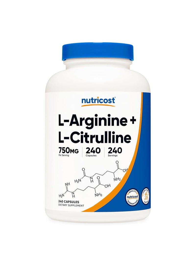 Nutricost L-Arginine L-Citrulline Complex 750 mg - GMO Free - Gluten Free - 240 Capsules