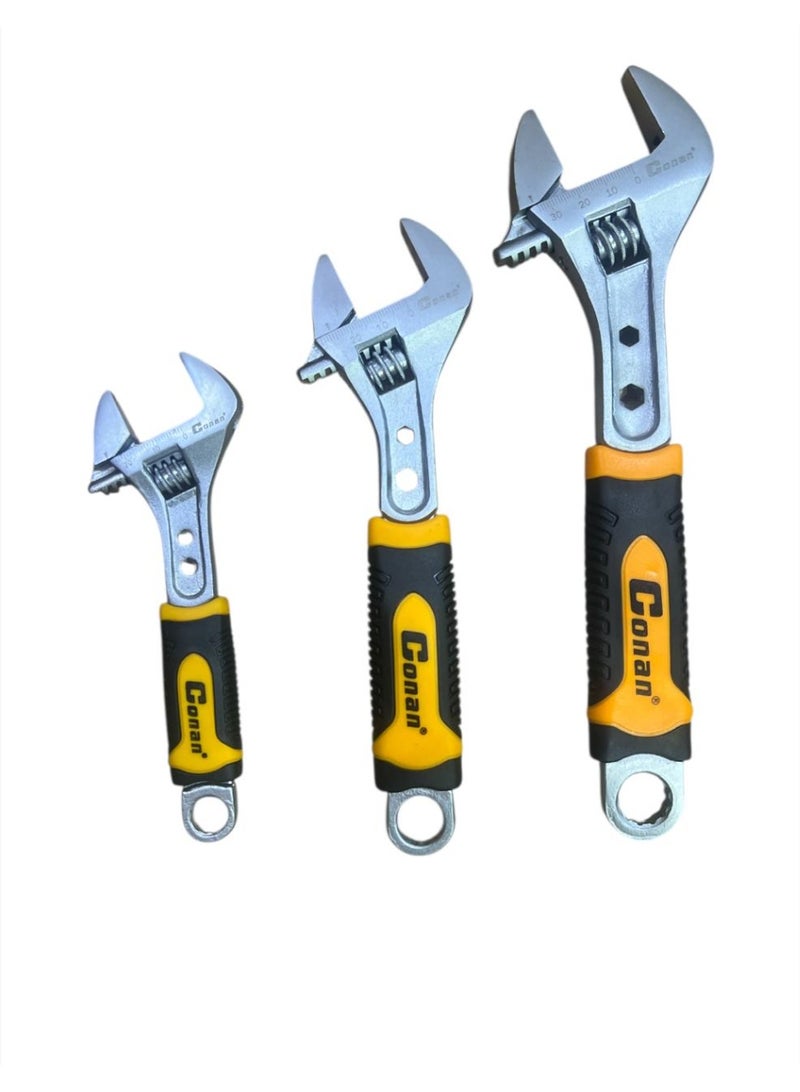 CONAN Adjustable Wrench Set – 6" (Model 10005748) + 8" (Model 10005749) + 10" (Model 10005750) – Professional Cr-V Steel Design with Multi-Size Hex Center Slots & Rear Multi-Purpose Wrench – Anti-Slip Comfort Grip - Image 1