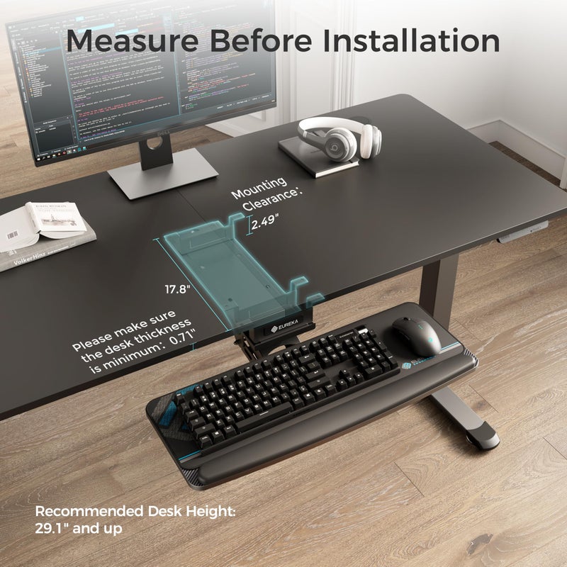EUREKA ERGONOMIC Keyboard Tray Height Adjustable, Swivel Tilt Computer Keyboard Drawer Under Desk, 25x9.13'' Sliding Keyboard & Mouse Platform with Mouse Pad for Typing, Black - Image 3
