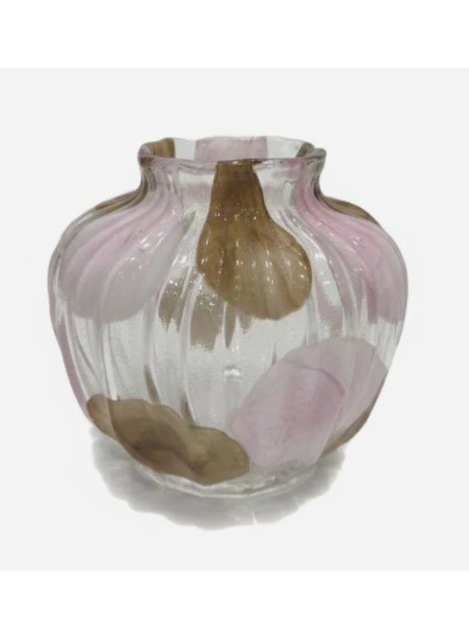 AKDC Compact Transparent Glass Vase with Soft Brown & Pink Pattern – 16×18 cm Modern Table Décor - Image 2