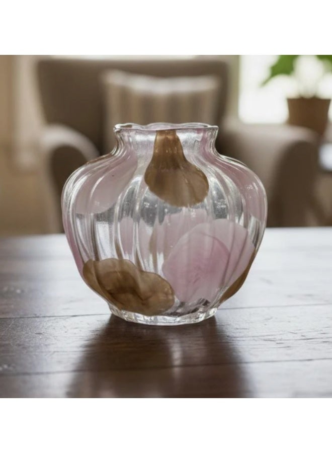 AKDC Compact Transparent Glass Vase with Soft Brown & Pink Pattern – 16×18 cm Modern Table Décor - Image 1