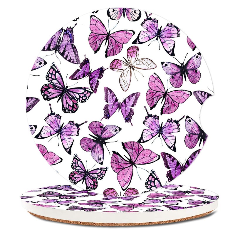 ZHIZHEND Removable Ceramic Cup Holders Car Coasters for Women Fashion Luxury Absorbent Drink Cup Car Holder Coasters Auto Accessories with A Finger Notch 2.56"" Pack of 2 Purple Butterflies - Image 1