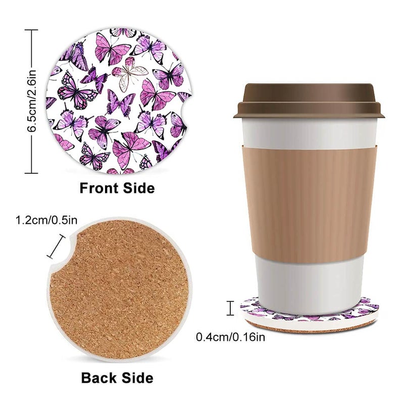 ZHIZHEND Removable Ceramic Cup Holders Car Coasters for Women Fashion Luxury Absorbent Drink Cup Car Holder Coasters Auto Accessories with A Finger Notch 2.56"" Pack of 2 Purple Butterflies - Image 2