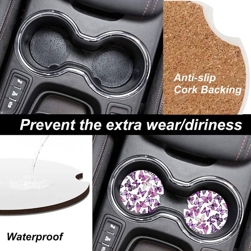 ZHIZHEND Removable Ceramic Cup Holders Car Coasters for Women Fashion Luxury Absorbent Drink Cup Car Holder Coasters Auto Accessories with A Finger Notch 2.56"" Pack of 2 Purple Butterflies - Image 3