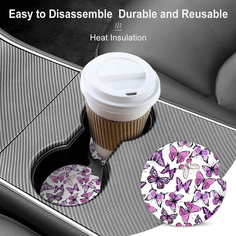 ZHIZHEND Removable Ceramic Cup Holders Car Coasters for Women Fashion Luxury Absorbent Drink Cup Car Holder Coasters Auto Accessories with A Finger Notch 2.56"" Pack of 2 Purple Butterflies - Image 4