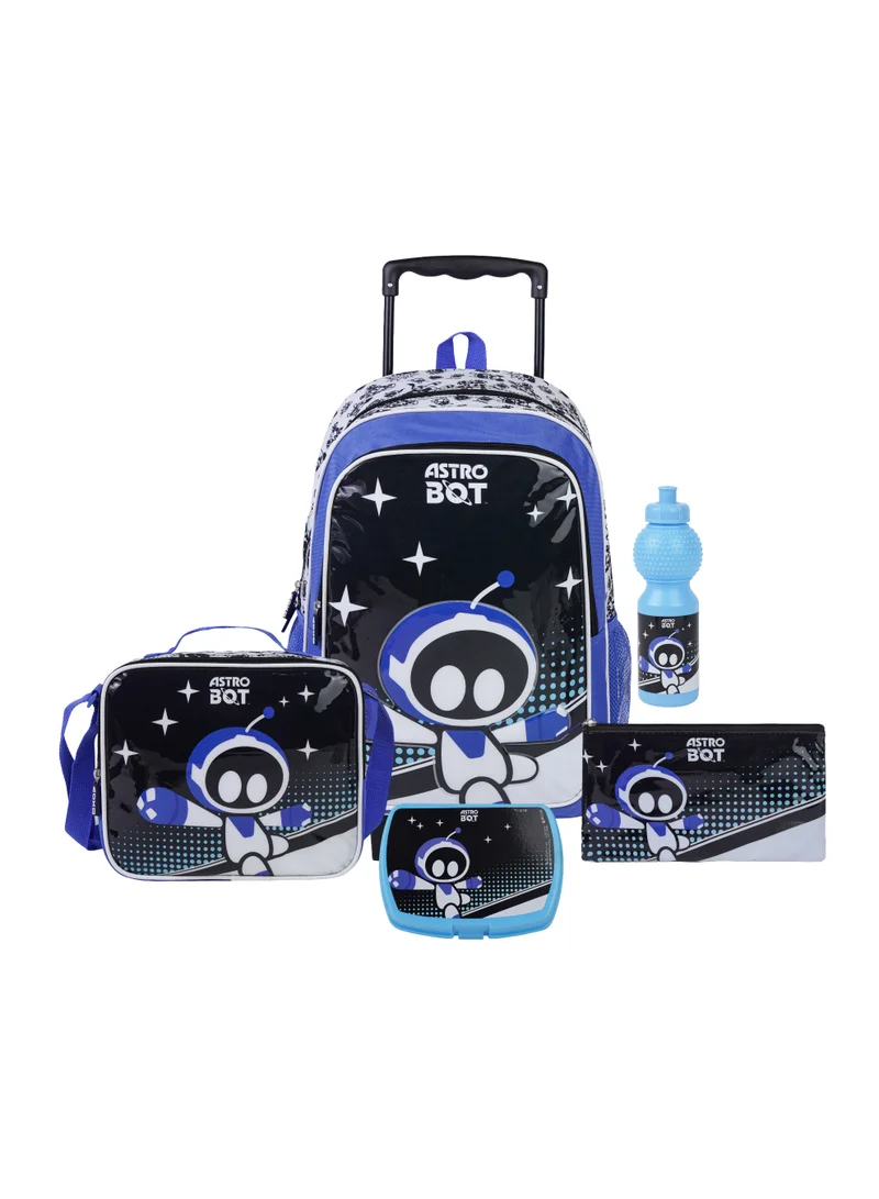 سوني Sony Astro Bot 5-in-1 Kids Trolley School Set 18" | Rolling Backpack, Lunch Bag, Lunch Box, Water Bottle & Pencil Case  | Water Resistant  | Boys School Bag