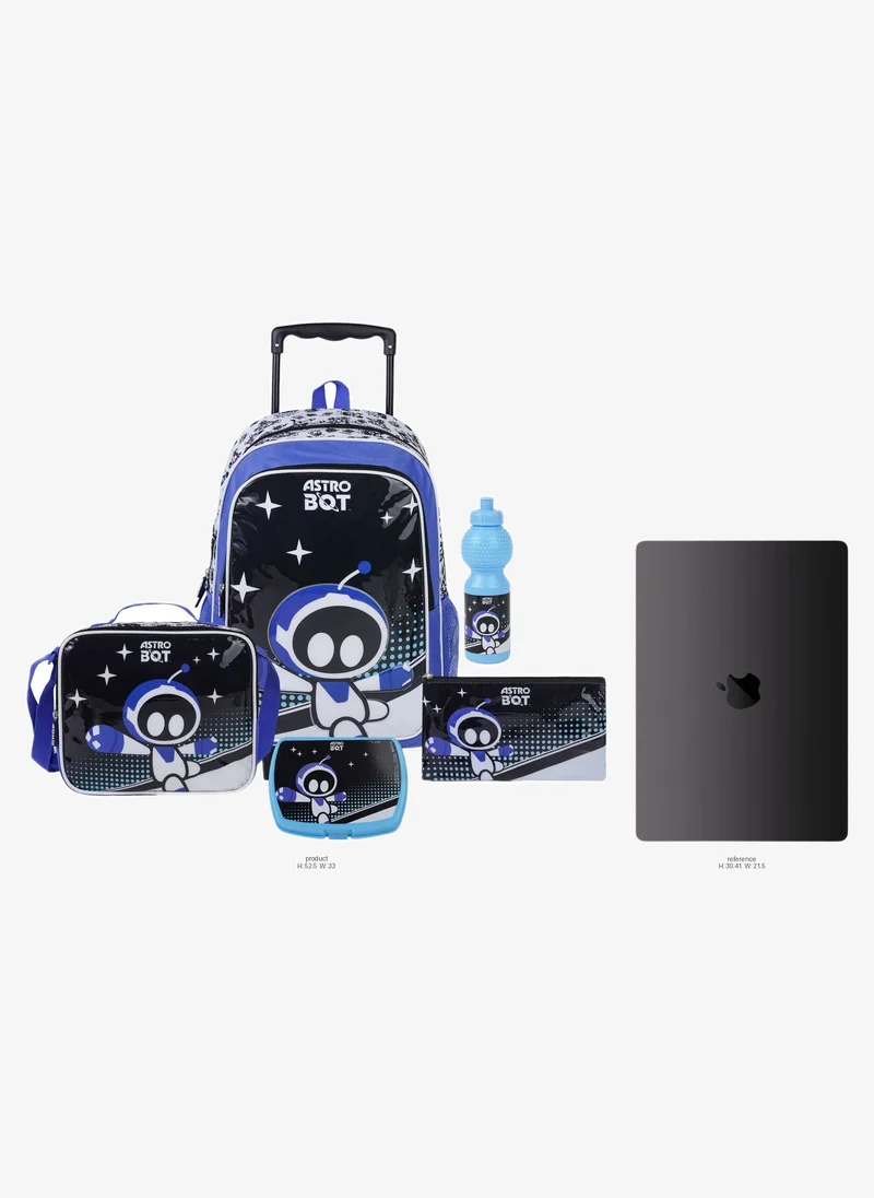 سوني Sony Astro Bot 5-in-1 Kids Trolley School Set 18" | Rolling Backpack, Lunch Bag, Lunch Box, Water Bottle & Pencil Case  | Water Resistant  | Boys School Bag
